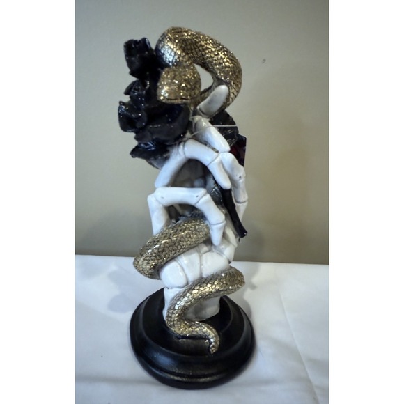 CHRISTIAN LACROIX Halloween Decor Skeleton Hand Holding Gold Snake & Black Roses - Picture 1 of 5